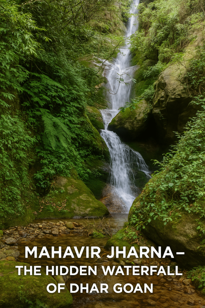 “Mahavir Jharna waterfall in Dhar Goan, Darjeeling – a hidden natural waterfall surrounded by pine forests and moss-covered rocks.”